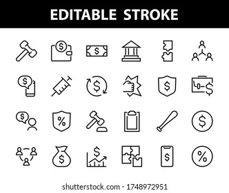 Set of business vector line icons. It contains user symbols, dollar pictograms, gears, briefcase, puzzles, envelope, percentage, messages, schedule, and more. Editable Bar. 460x460 pixels