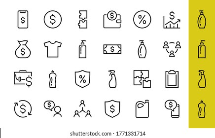 Set of business vector line icons. It contains user symbols, dollar pictograms, gears, briefcase, puzzles, envelope, percentage, messages, schedule, and more. Editable Bar. 460x460 pixels