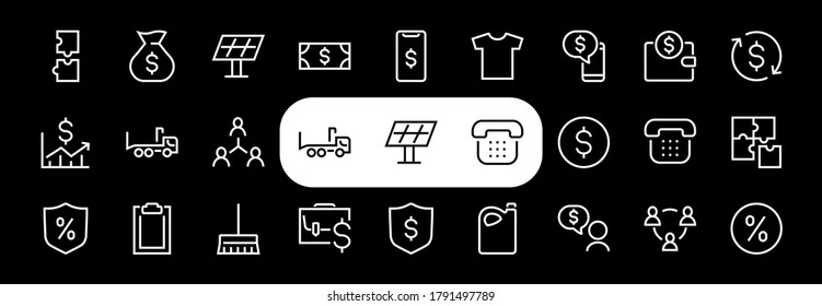  Set of business vector line icons. It contains user symbols, dollar pictograms, gears, briefcase, puzzles,
 envelope, percentage, messages, schedule, and more. Editable Bar. 460x460 pixels