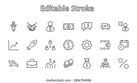 Set of Business vector line icons. It contains symbols of a handshake, a user, dollar pictograms, gears, a briefcase, a bag of money, a schedule and much more. Editable Stroke. 32x32 pixels.