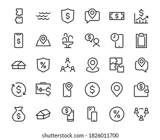Set of business vector line icons. It contains user symbols, dollar pictograms, gears, briefcase, puzzles, envelope, percentage, messages, schedule, and more. Editable Bar. 460x460 pixels