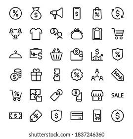 Conjunto de iconos de línea de vector de negocio. Contiene símbolos de usuario, pictogramas en dólares, engranajes, maletín, acertijos, sobre, porcentaje, mensajes, programación y más. Barra editable. 460 x 460 píxeles