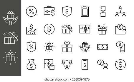  Set of business vector line icons. It contains user symbols, dollar pictograms, gears, briefcase, puzzles,
 envelope, percentage, messages, schedule, and more. Editable Bar. 460x460 pixels
