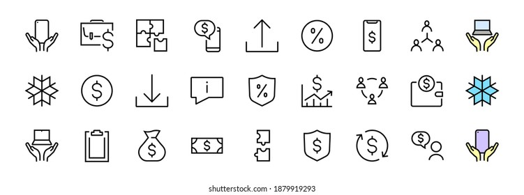 Set of business vector line icons. It contains user symbols, dollar pictograms, gears, briefcase, puzzles, envelope, percentage, messages, schedule, and more. Editable Bar. 460x460 pixels