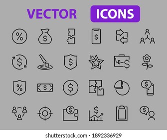  Set of business vector line icons. It contains user symbols, dollar pictograms, gears, briefcase, puzzles,
 envelope, percentage, messages, schedule, and more. Editable Bar. 460x460 pixels