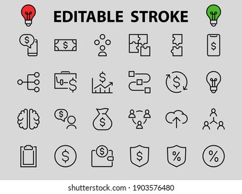  Set of business vector line icons. It contains user symbols, dollar pictograms, gears, briefcase, puzzles,
 envelope, percentage, messages, schedule, and more. Editable Bar. 460x460 pixels