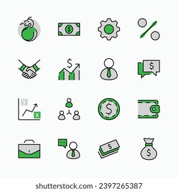 Conjunto de iconos de línea vector de negocio. Contiene símbolos de un apretón de manos, un usuario, pictogramas en dólares, engranajes, un maletín, una bolsa de dinero, un horario y mucho más. Stroke editable. 32x32 píxeles.
