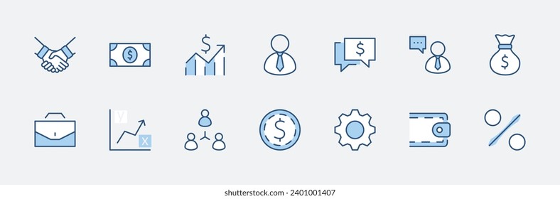 Conjunto de iconos de línea vector de negocio. Contiene símbolos de un apretón de manos, un usuario, pictogramas en dólares, engranajes, un maletín, una bolsa de dinero, un horario y mucho más. Stroke editable. 32x32 píxeles.