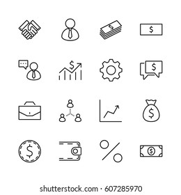 Set of business vector line icons. It contains symbols of a handshake, a user, dollar pictograms, gears, a briefcase, a bag of money, a schedule and much more. Editable move. 32x32 pixels.