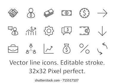 Set of business vector line icons. It contains symbols of a handshake, a user, dollar pictograms, gears, a briefcase, a bag of money, a schedule and much more. Editable move. 32x32 pixels.