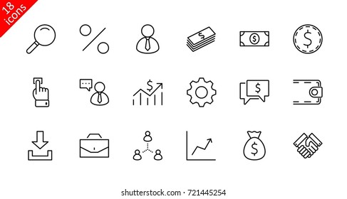 Set of business vector line icons. It contains symbols of a handshake, a user, dollar pictograms, gears, a briefcase, a bag of money, a schedule and much more. Editable move. 32x32 pixels.