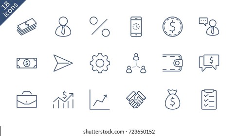 Set of business vector line icons. It contains symbols of a handshake, a user, dollar pictograms, gears, a briefcase, a bag of money, a schedule and much more. Editable move. 32x32 pixels.