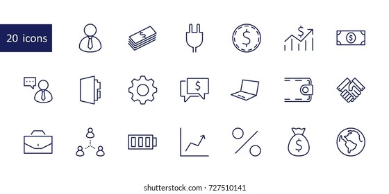 Set of business vector line icons. It contains symbols of a handshake, a user, dollar pictograms, gears, a briefcase, a bag of money, a schedule and much more. Editable move. 32x32 pixels.