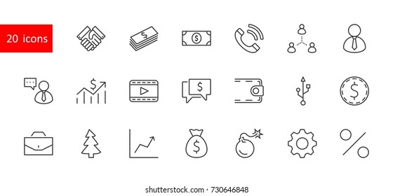 Set of business vector line icons. It contains symbols of a handshake, a user, dollar pictograms, gears, a briefcase, a bag of money, a schedule and much more. Editable move. 32x32 pixels.