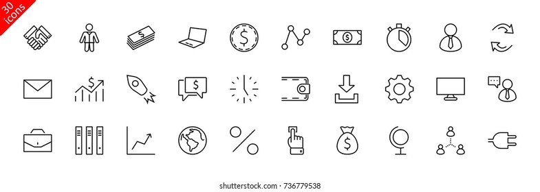 Set of business vector line icons. It contains symbols of a handshake, a user, dollar pictograms, gears, a briefcase, a bag of money, a schedule and much more. Editable move. 32x32 pixels.