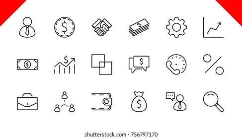 Set of business vector line icons. It contains symbols of a handshake, a user, dollar pictograms, gears, a briefcase, a bag of money, a schedule and much more. Editable move. 32x32 pixels.