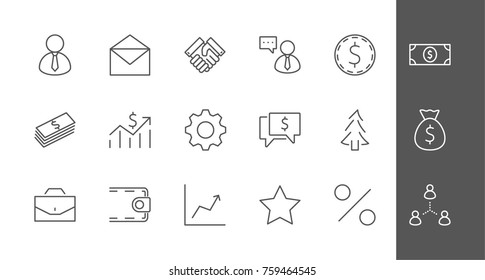 Set of business vector line icons. It contains symbols of a handshake, a user, dollar pictograms, gears, a briefcase, a bag of money, a schedule and much more. Editable move. 32x32 pixels.