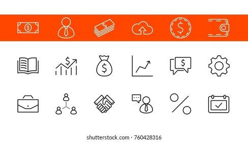 Set of business vector line icons. It contains symbols of a handshake, a user, dollar pictograms, gears, a briefcase, a bag of money, a schedule and much more. Editable move. 32x32 pixels.