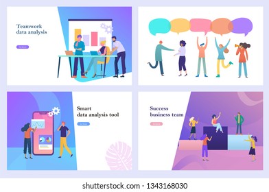 Set of business vector website design illustration, people talking wih bubble speech, business people analyze data marketing, build a dashboard and interact with graphs. Data analysis, office, reward