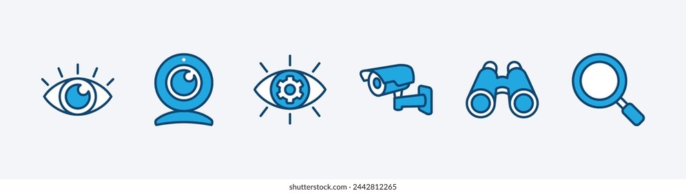 Set of business vision icon. Containing eye, eyesight, webcam, cctv camera, telescope, binoculars, search magnifier, eye with gear. vector illustration