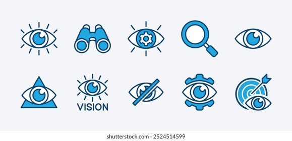 Conjunto de icono de visión de negocios. Conteniendo búsqueda, mirada, vista de ojo, búsqueda, telescopio, ciego, encuentras ajuste, objetivo, mirando, vista, visibilidad, ver, observar, espiar, investigar. Ilustración vectorial