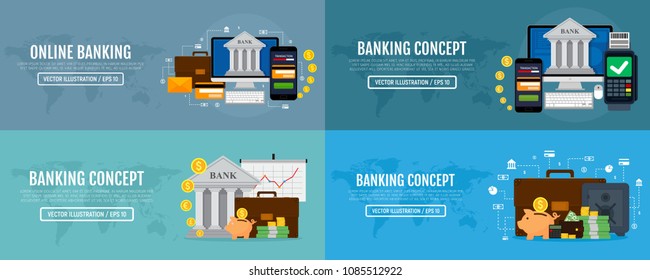 Set of business web banners for online banking and banking concepts. Modern banners for internet banking. Vector illustration in flat style. EPS10.