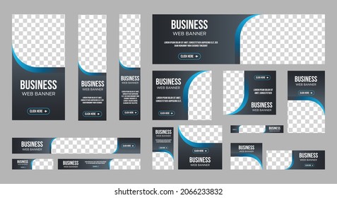 set of business web banners in standard size with a place for photos. Vertical, horizontal and square template with Gradient black and blue color . vector illustration EPS