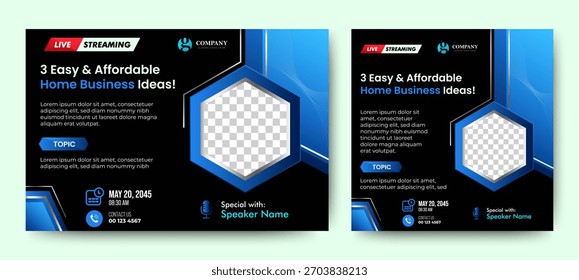 Conjunto de diseño de Anuncio Horizontal y cuadrado de webinar de negocios. Diseño de Anuncio moderno con color de fondo azul y oscuro y lugar para la foto. Utilizable para el Anuncio, la cubierta y el cabezal. Vector