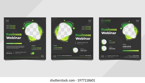 Set of business webinar social media post template with liquid shape and black background