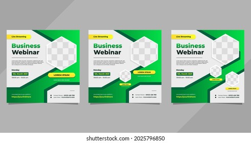 Set of business webinar social media post template with green gradient background and hexagon frame