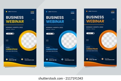 Set of business webinar social media stories template with circle frame and navy blue background