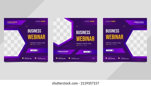 Set of business webinar social media post template with purple geometric background and hexagon frame