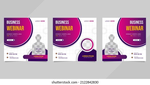 Set of business webinar social media template with circle frame and white purple background