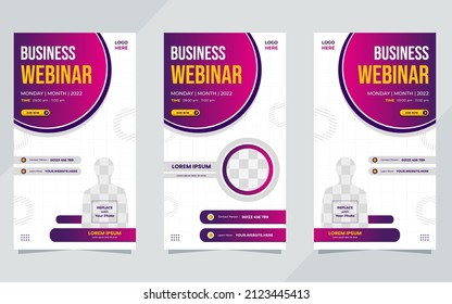 Set of business webinar social media stories template with circle frame and white purple background