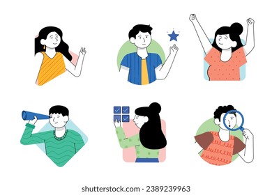 Set of business winner characters vector illustration. Collection of victory and success concept. Celebration, joy and teamwork candidate.