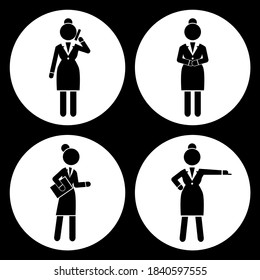 Set of business woman black silhouettes icons in round frames of different girl. Women in action. Lady dressed formally full length. Businesswoman activities at work. Positions and actions of a person