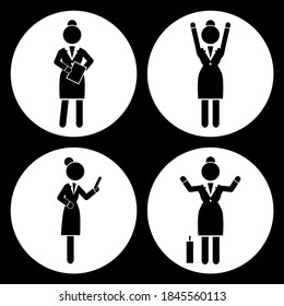 Set of business woman black silhouettes icons in round frames of different girl. Women in action. Lady dressed formally full length. Businesswoman activities at work. Positions and actions of a person