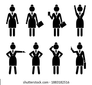 Set of business woman black silhouettes icons of different girls. Women in action. Lady dressed formally full length. Businesswoman activities at work. Positions and actions of a person. Modern woman
