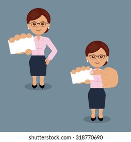 Set of business woman with blank white business card in various action. Character female manager in the flat design.