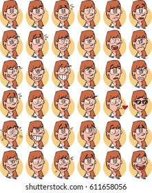 Set of business woman with brown hair and glasses emojis; Cheerful, sad, angry, content ... and many more expressions.