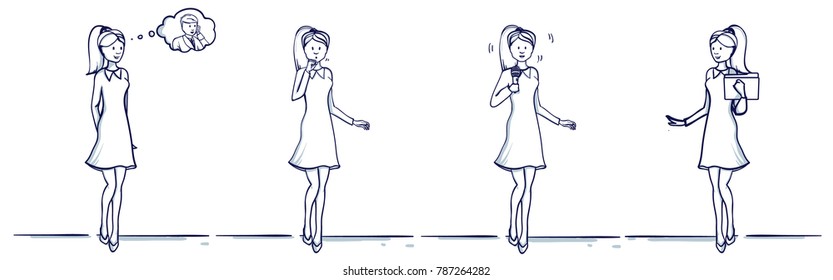 Set of business woman cartoon illustration. Stands scenes: She is happy, remembers the man, coughs, fell ill, holds a folder, with a microphone, sings or speaks.Hand drawn doodle vector illustration.
