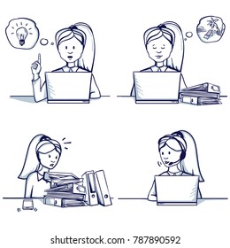 Set of business woman cartoon illustration. Sitting scenes: customer support service, had an idea, she is busy, doesn't have time to work, dreams of a vacation. Hand drawn doodle vector illustration.
