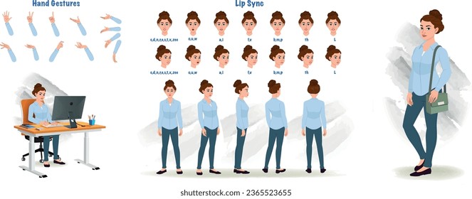 Set of Business woman character design. Character Model sheet. Front, side, back view animated character. Business girl character creation set with various views, poses and gestures. Cartoon style, fl - Shutterstock ID 2365523655