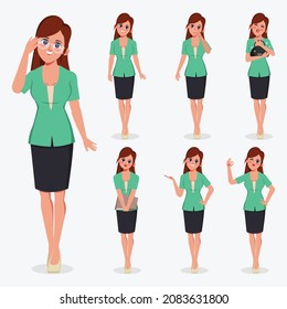 Set of business woman character difference pose. Flat cartoon illustration vector design.