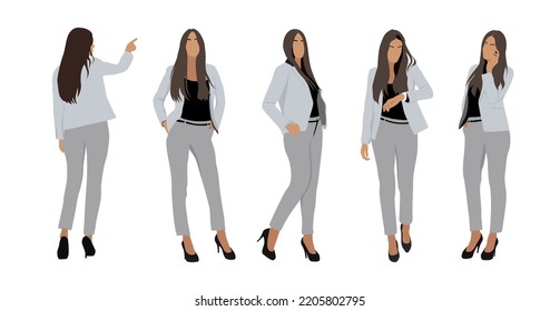 Set of business woman character in different poses, standing, walking, talking on the phone, back, side front view. Attractive lady boss full length vector portrait isolated on white background.