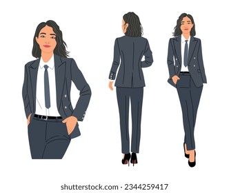 Carácter de mujer empresaria en diferentes poses. Chica guapa con traje formal y corbata de pie delante y detrás de la vista. Ilustración vectorial realista aislada en fondo blanco