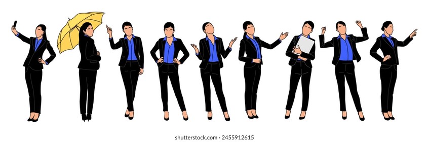 Set of Business woman character in different poses. Pretty young lady boss in formal suit standing front, side, back, rear view, pointing. Vector outline illustration isolated on white background.
