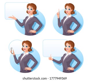 Set of Business Woman Character has different hand gestures in office style. Business job function and IT industry. Vector illustration of avatar people design.