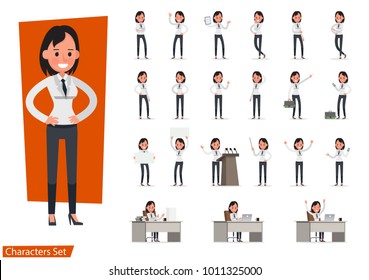 Set of Business woman character vector design doing different gestures. Presentation in various action with emotions, running, standing, walking and working.