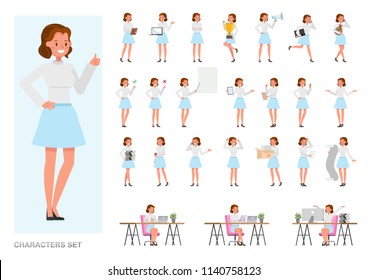 Set of business Woman character vector design. Presentation in various action with emotions, running, standing and walking.